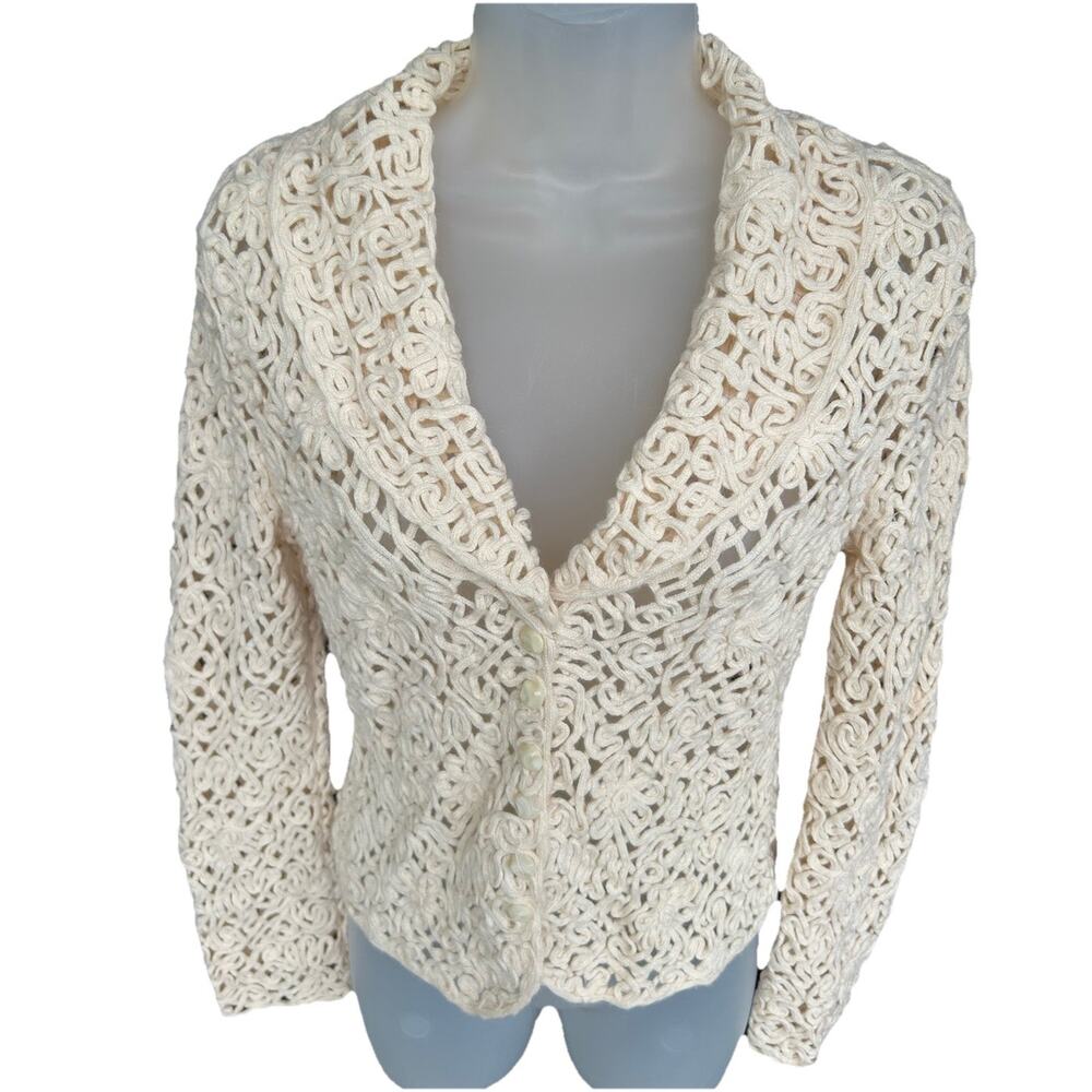 TALBOTS Collection Crochet Italian Alpaca Wool Cardigan Sweater Women's Size Med - Picture 4 of 12